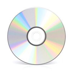 Shiny silver disc reflecting rainbow light, circular with inner hole, on white background