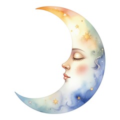 Cute Crescent Moon Character with Face &ndash; Watercolor Fantasy Illustration on White Background