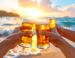 Cheers with cold beer glasses at sunset on a tropical beach with ocean waves