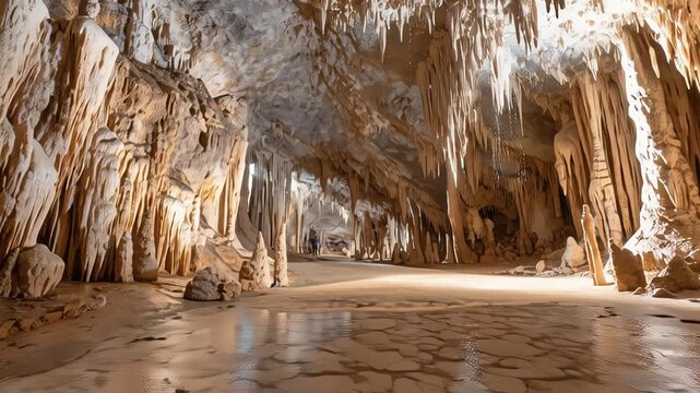 Cave with stalactites and stalagmites formation.