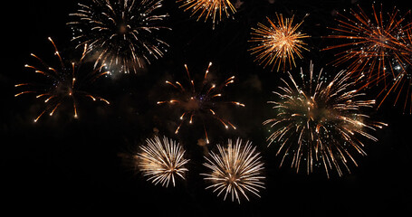 Fototapeta premium Colorful vibrant Firework celebrate anniversary happy new year 2026, 4th of july holiday festival. colorful firework night time to celebrate national holiday. countdown new year party 2026 background