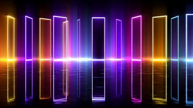 Vibrant neon lights illuminating rectangular frames in a dark background environment from a frontal viewpoint
