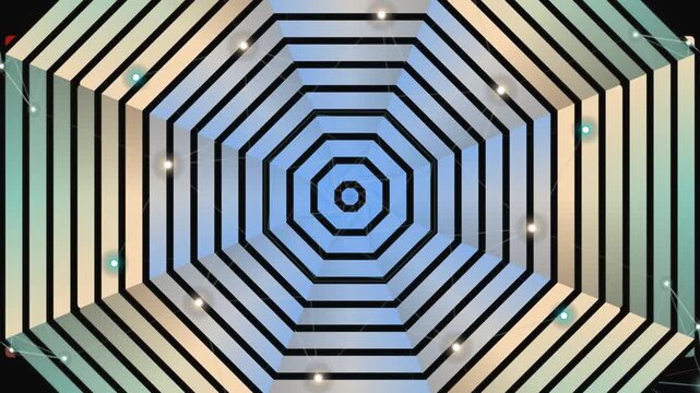 Gradient octagonal pattern expanding and contracting with glowing elements on a dark digital background