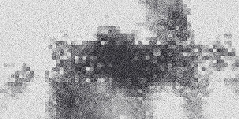 Abstract grayscale pixelated mosaic pattern with subtle noise and varying dark and light square elements creating a textured, digital art background for design projects