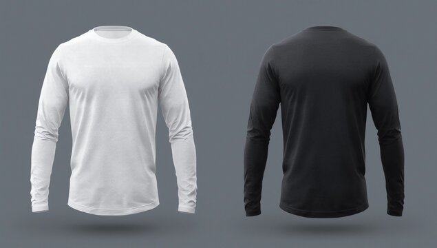 T shirt template. Long sleeve black, white design for male and female. Front view. Isolated clothing printing mock up of sportswear apparel. Undershirt soccer uniform. Dark tee short