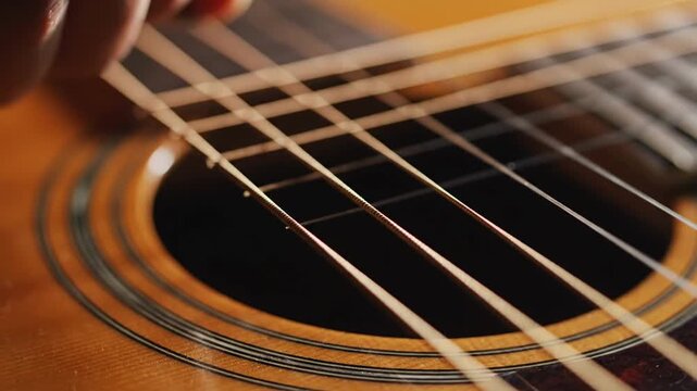 Close-up of fingers playing acoustic guitar strings.