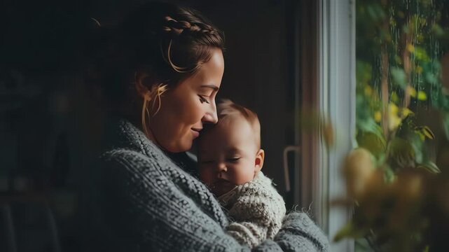 Mother holding baby looking outside window.