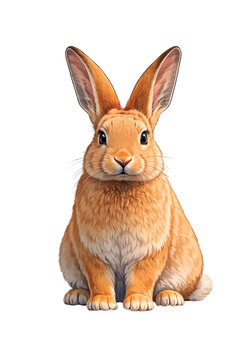 A cute small brown bunny with fluffy fur and long ears sits isolated on a white background, representing a young domestic mammal or furry Easter hare pet