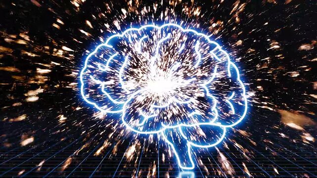 Glowing human brain with energy explosion and electric light representing artificial intelligence innovation neuroscience technology and creative thinking