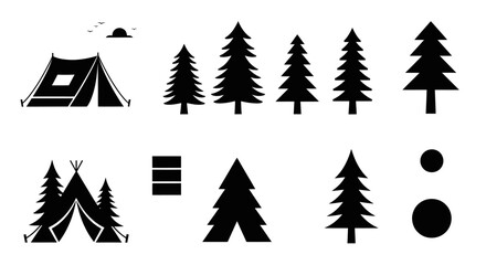 Obraz premium Pine Forest and Camping Tent Silhouette Collection for Outdoor Icons