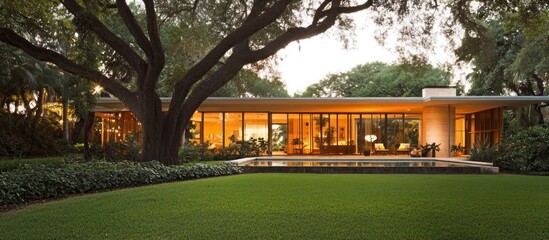 Modern home with pool under large trees at dusk