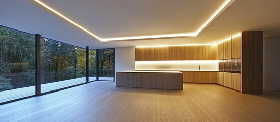 Modern kitchen with large windows overlooking forest