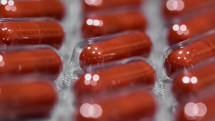 Red Medical Capsules in Blister Pack Macro