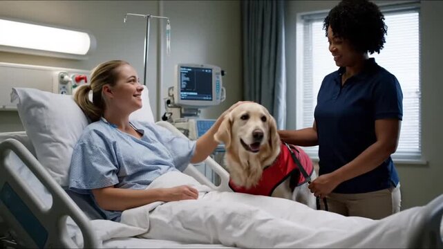 A female vet at a healthcare clinic uses a stethoscope to provide medical care for a pet dog patient