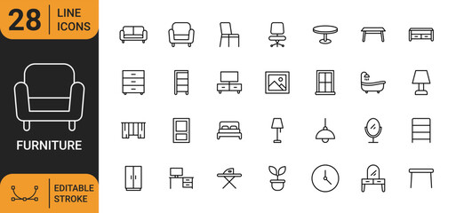 Furniture & Interior Home Decor Line Icon Set. Collection of household and furnishing icons. Including sofa, bed, wardrobe, lamp, and more. Editable stroke.