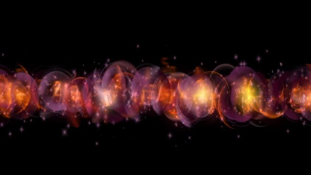 Translucent circles overlap and drift in a dark, speckled space