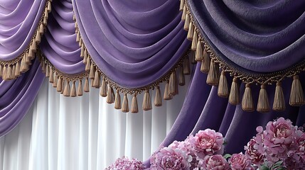 Lavish purple velvet drapes with gold tassels and pink peonies curtains fabric
