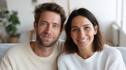 Fototapeta premium Portrait of a smiling newlywed couple sitting together in a bright and cozy living room.