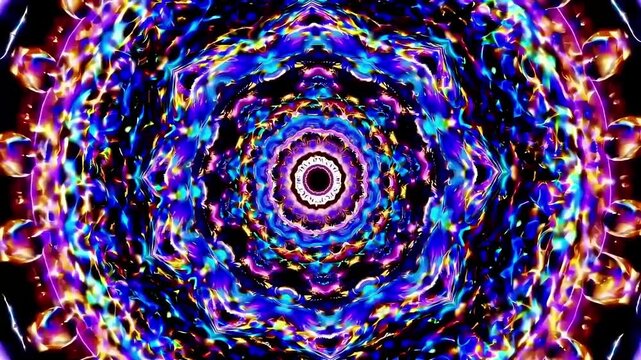 Neon fractal flower symmetrical geometry glows with bright psychedelic colors. Complex neon fractal flower rotates in kaleidoscopic pattern. Concept of meditation and visual trance state energy