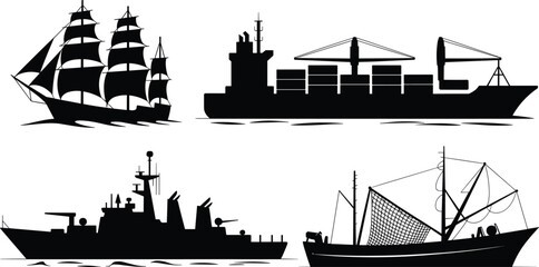 Ship silhouette collection featuring sailing ship, cargo container vessel, military warship and fishing boat vector illustration, maritime transportation icons isolated © SreeKhamol