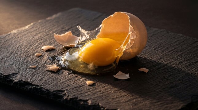 Telur pecah di atas batu tulis hitam dengan kuning telur tumpah keluar