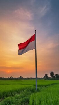 Indonesia or Monaco flag flies on a high pole on the edge of high rock hill against sunset sky
