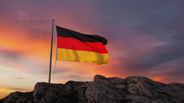 Germany flag flies on a high pole on the edge of high rock hill against sunset sky, part 

