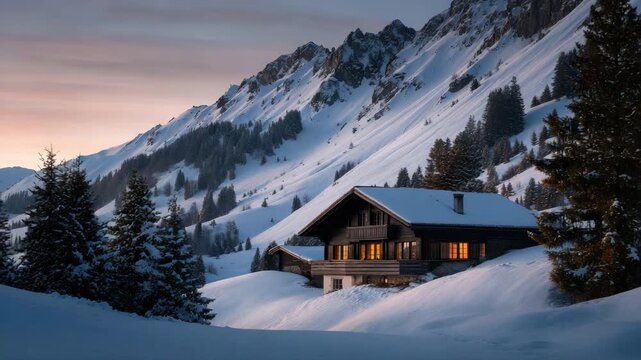 Cozy wooden alpine mountain cabin at dusk with warm light glowing windows nestled in snowy slopes and fir tree&ndash;lined chalet valley evoking peaceful winter comfort and serene evening atmosphere