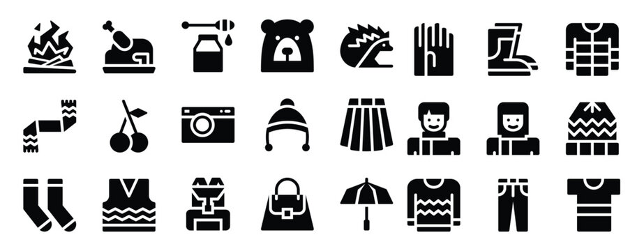  glyph icons including turkey campfire hedgehog bear 