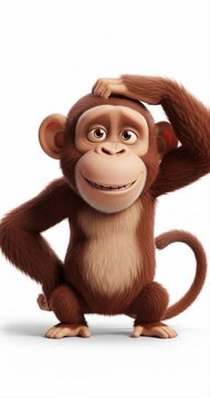 Cartoon monkey posing with thoughtful expression on white background