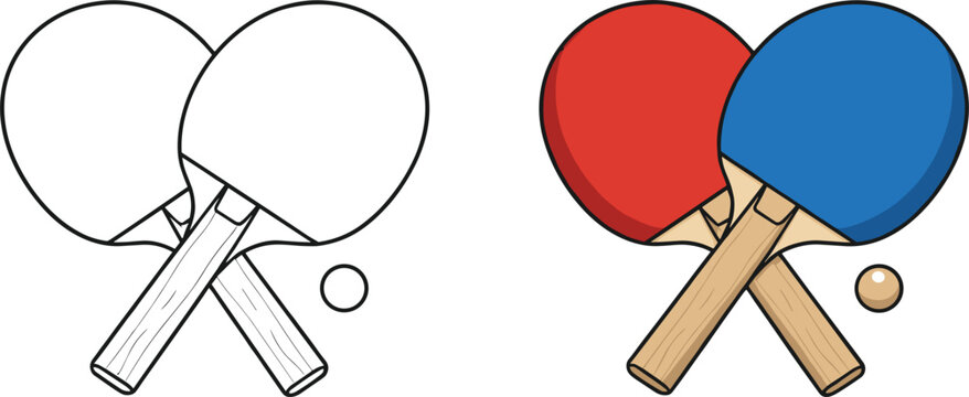 Crossed table tennis paddles with ball vector illustration ping pong sport equipment colored and outline icons