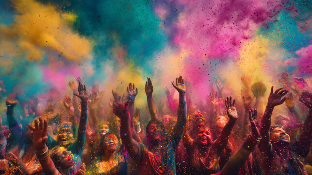 Joyful crowd celebrating with vibrant colored powder, a festival of happiness and tradition.