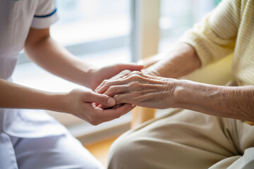 高齢者の手を優しく包む介護の手　Generative AI