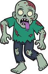Funny, cartoon, illustration, of, a, green, undead, zombie, character, with, a, purple, tongue, walking, for, Halloween, horror, spooky, and, monster, design, elements