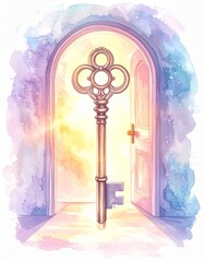 光に照らされた鍵と扉の水彩イラスト｜希望と解決を象徴するファンタジーアート
Watercolor Illustration of a Key and an Open Door Symbolizing Hope and Solution