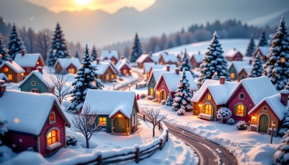 Fototapeta premium Cozy Winter Village Scene with Snowcovered Cottages and Warm Lights