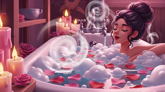 Woman relaxing in luxurious bubble bath with candles and rose petals