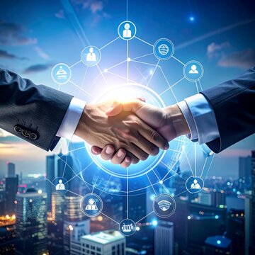 Businessmen shaking hands with network icons over city background, symbolizing global business partnership and digital transformation.