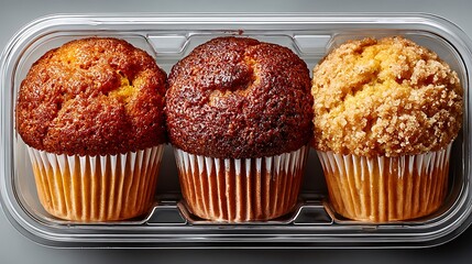 Three Freshly Baked Muffins in a Clear Plastic Container image