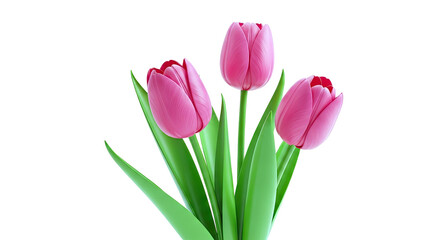 Three Pink Tulips with Green Leaves on White Background