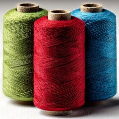 Three Spools of Thread in Green Red and Blue Standing Together image