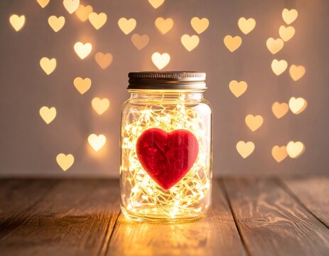 Glowing Heart in a Jar with Bokeh Lights.