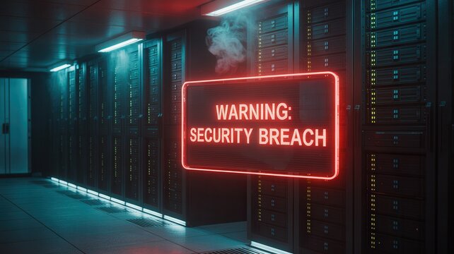 Server room with neon warning sign indicating security breach in dark data center