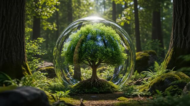 Lush Tree Protected by Glass Sphere in Sunlit Forest
