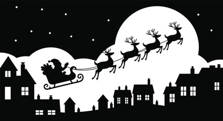 Santa Claus flying with reindeer over village illustration, Christmas night scene, holiday silhouette design, winter festive background artwork © Sarjina's World