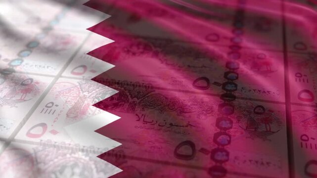 Qatar 50 Riyal Banknotes Looping Background with flag of Qatar 