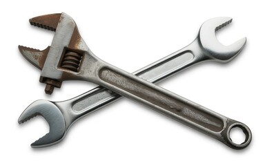 Two adjustable wrenches crossing over each other on white background