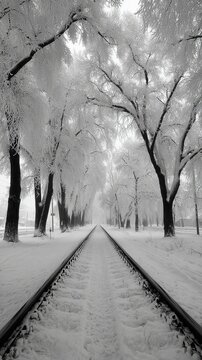 Snow-covered parallel railway tracks with symmetrical trees, high-contrast black and white scene, leading lines, serene winter solitude and minimalist graphic beauty.