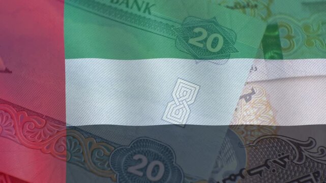 United Arab Emirates flag with Growing financial charts and diagrams showing increasing profits. Economic or stock market concept with United Arab Emirates dirham banknote.