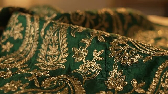 Intricate Golden Embroidery on Luxurious Green Fabric.